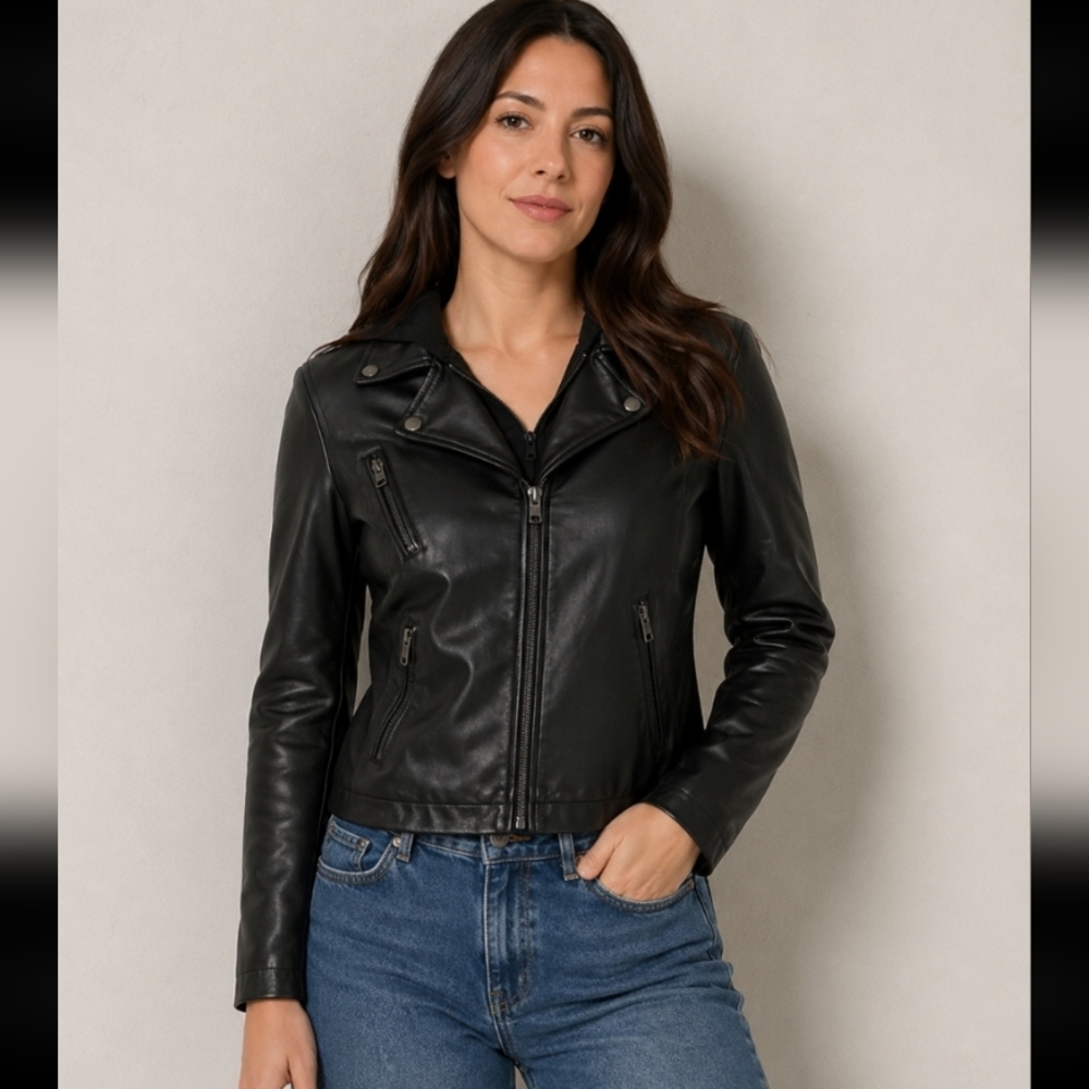 SEBBY COLLECTION Large Moto Zipper Jacket Pockets Detachable  Hood